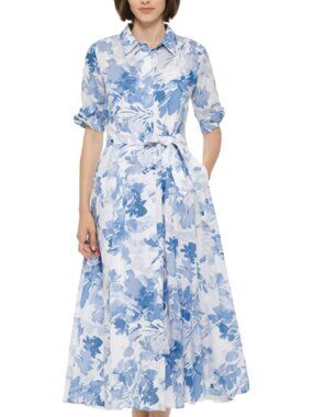 Calvin Klein Blue White Floral Shirt Dress V Neck Belted Dress Formal Size 6